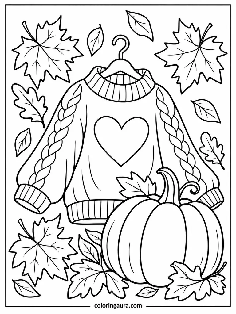 Cozy October Sweater and Pumpkin Coloring Page