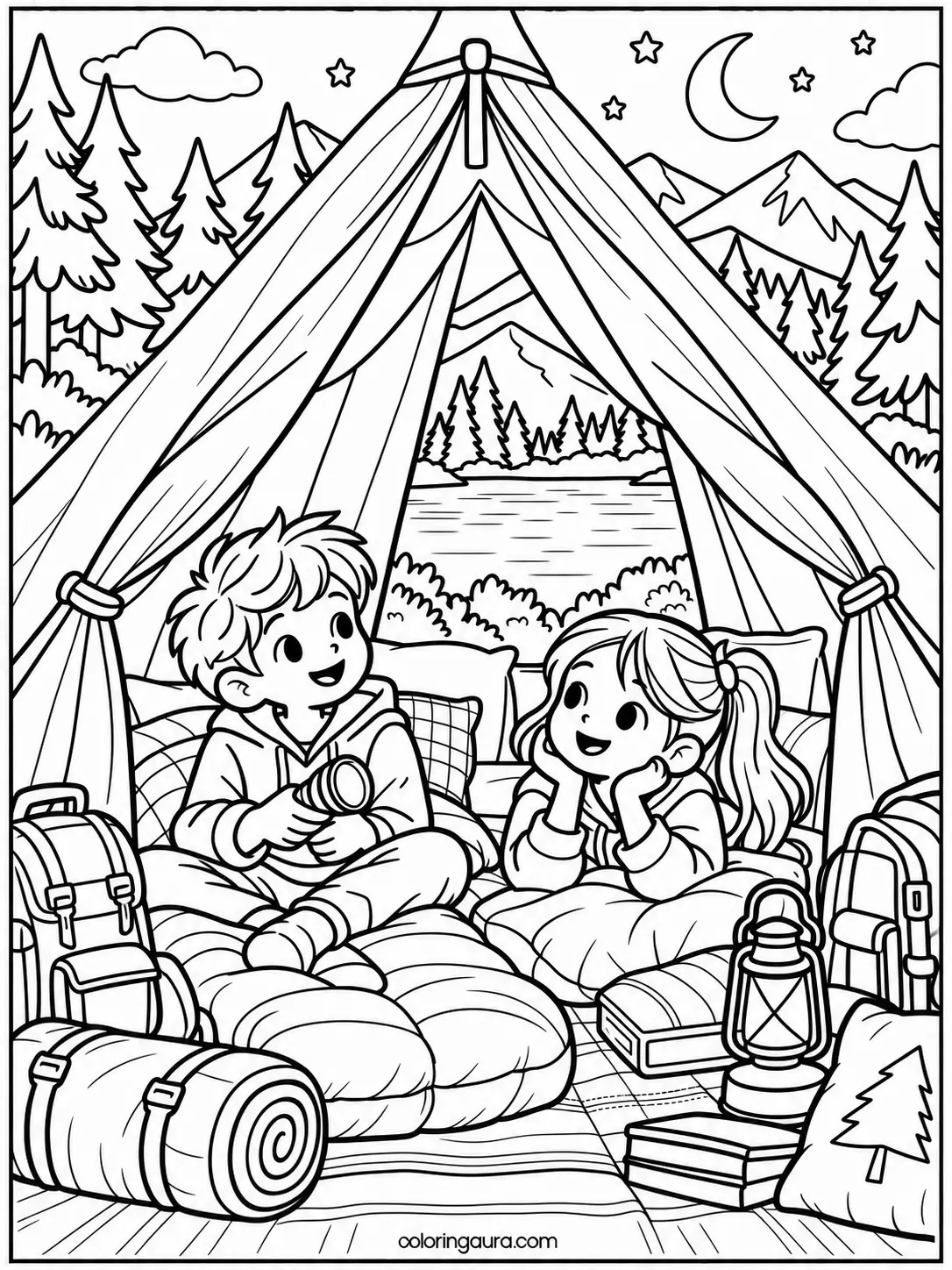 Cozy Tent Sleeping Bags Coloring Page