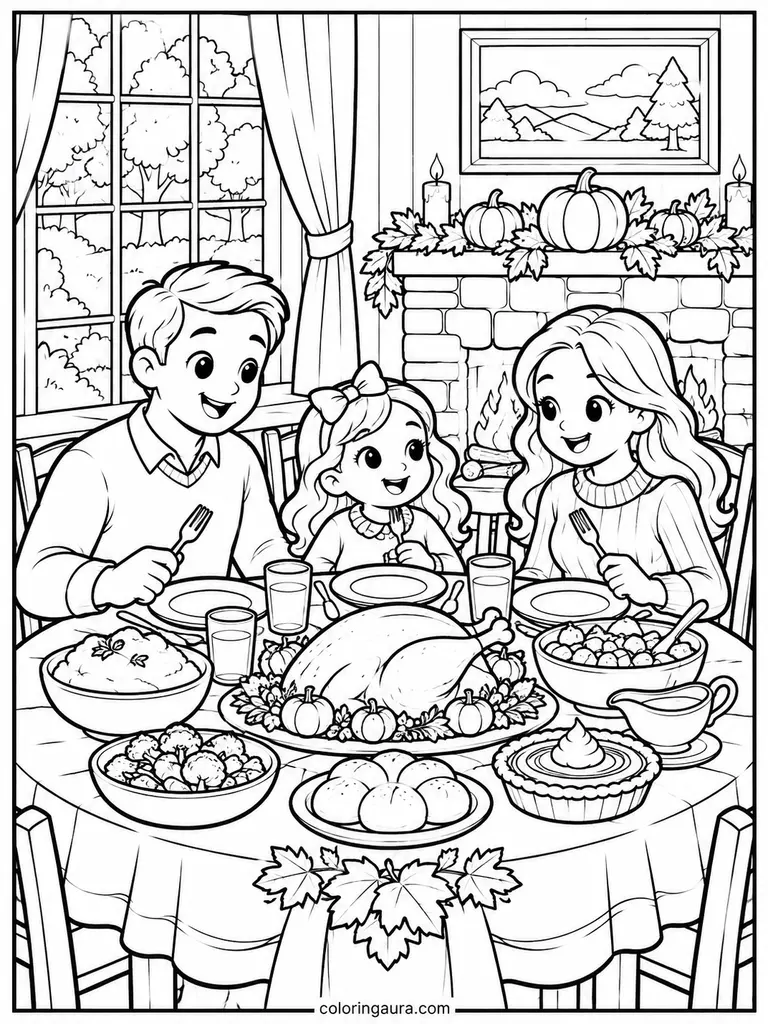 Cozy Thanksgiving Dinner by the Fireplace Coloring Page