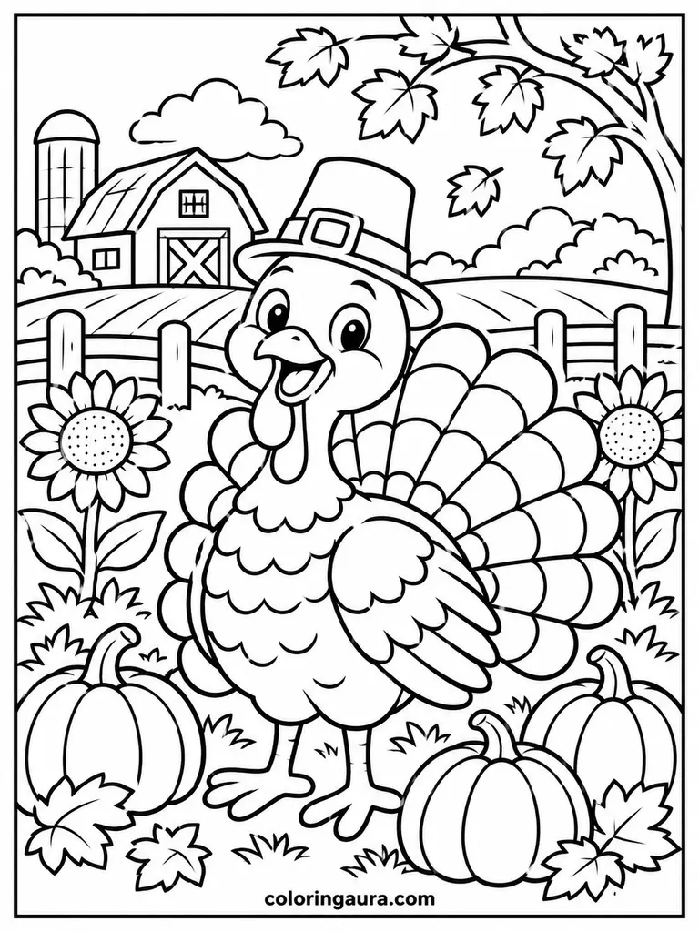 Cozy Turkey in an Autumn Farmyard Coloring Page