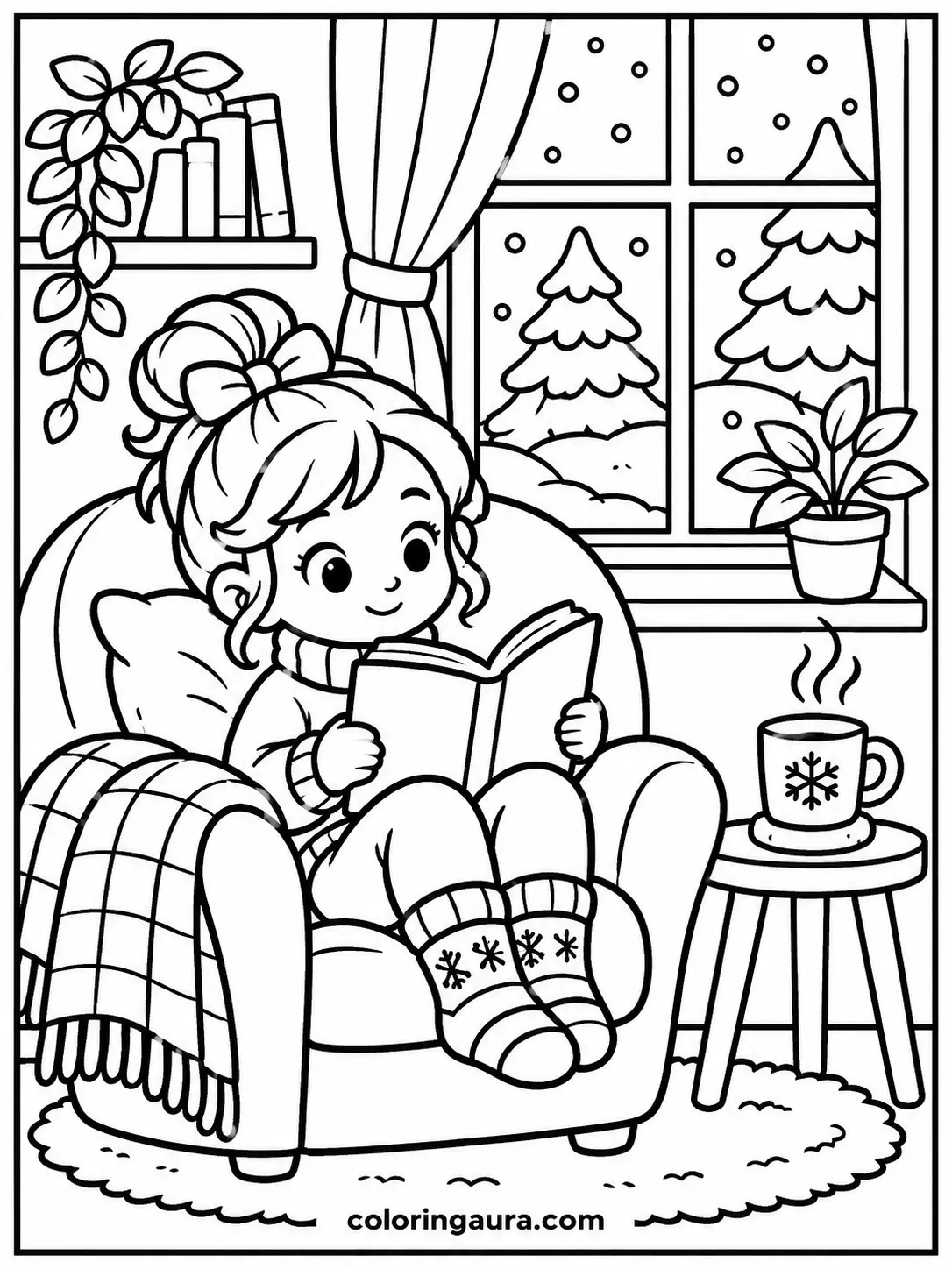 Cozy Winter Reading Nook Coloring Page