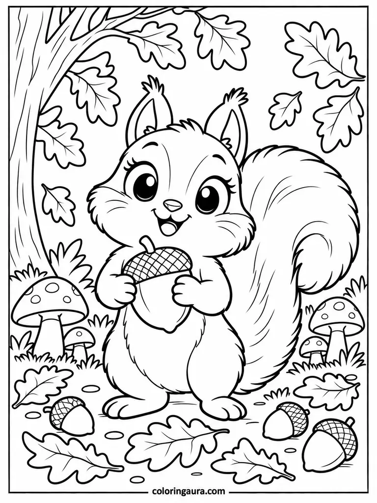Cute Autumn Squirrel Coloring Page