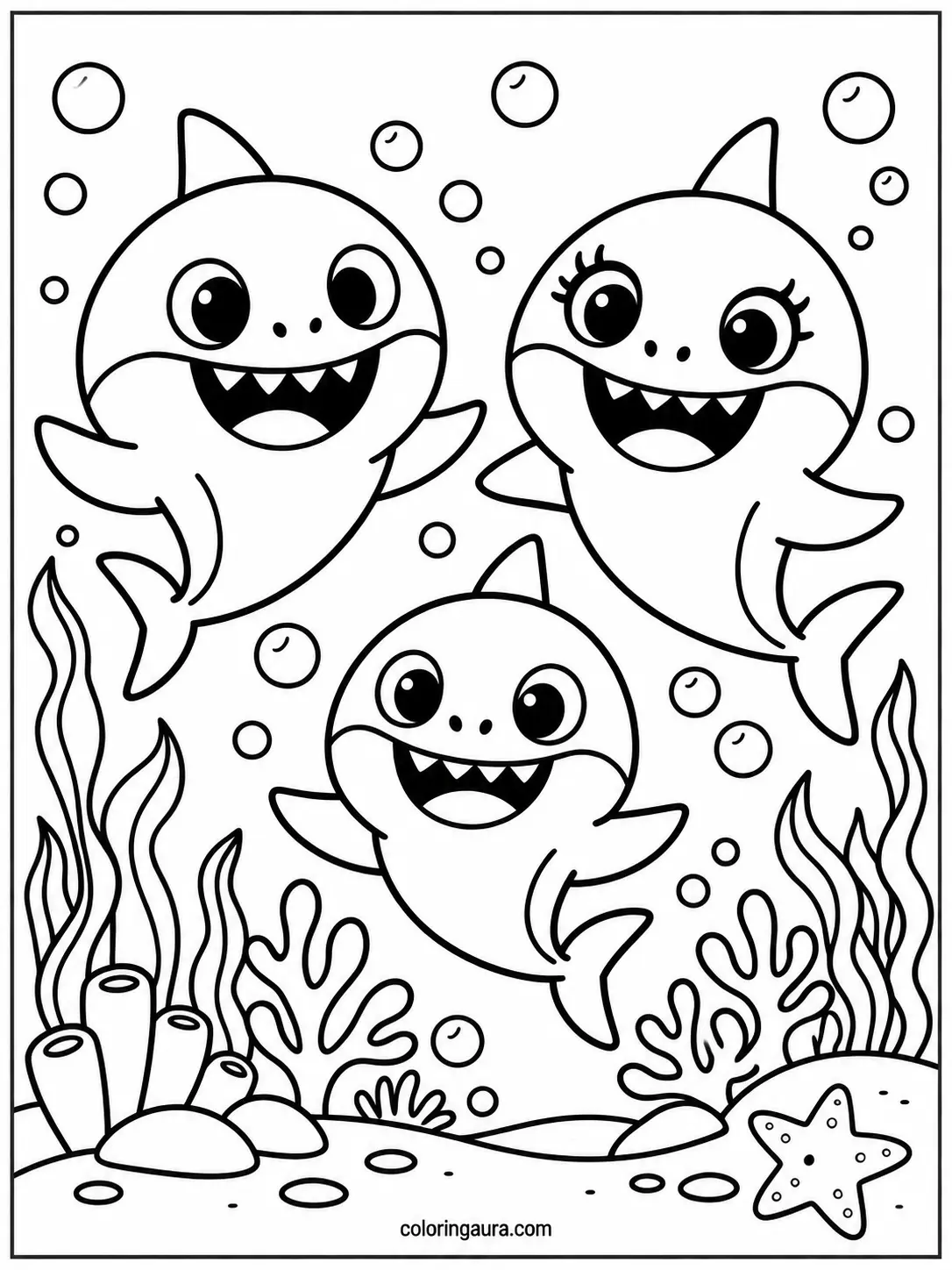 Cute Baby Sharks Underwater Coloring Page