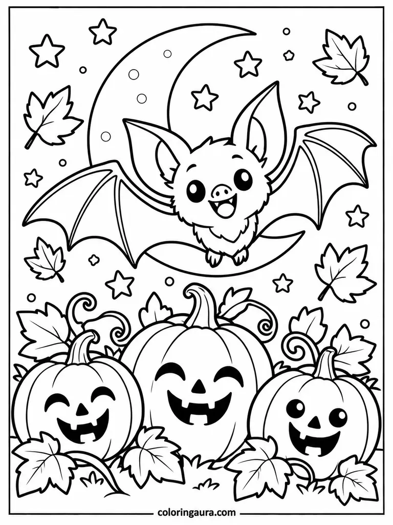 Cute Bat and Pumpkins October Coloring Page