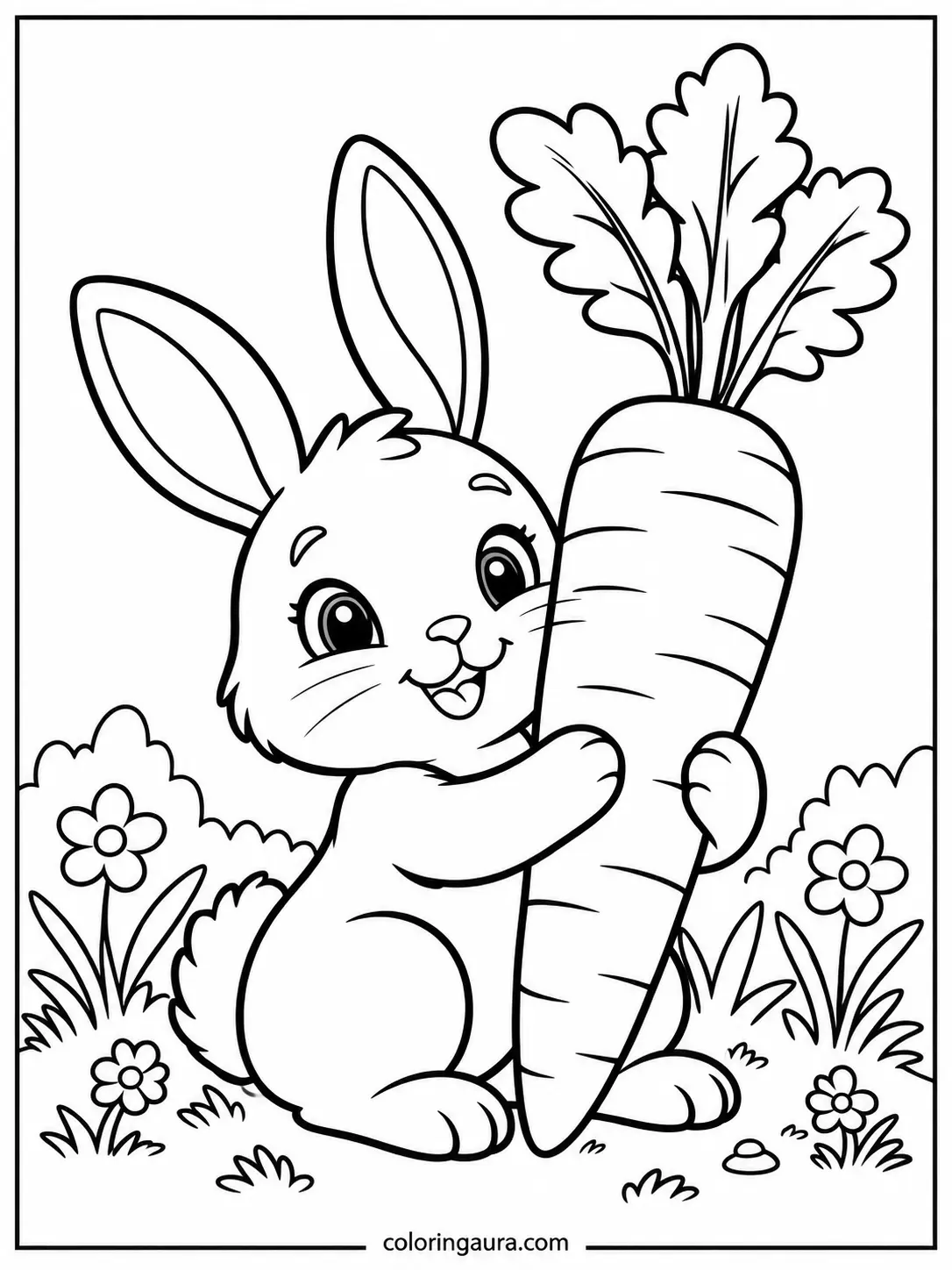 Cute Bunny Hugging a Giant Carrot Coloring Page