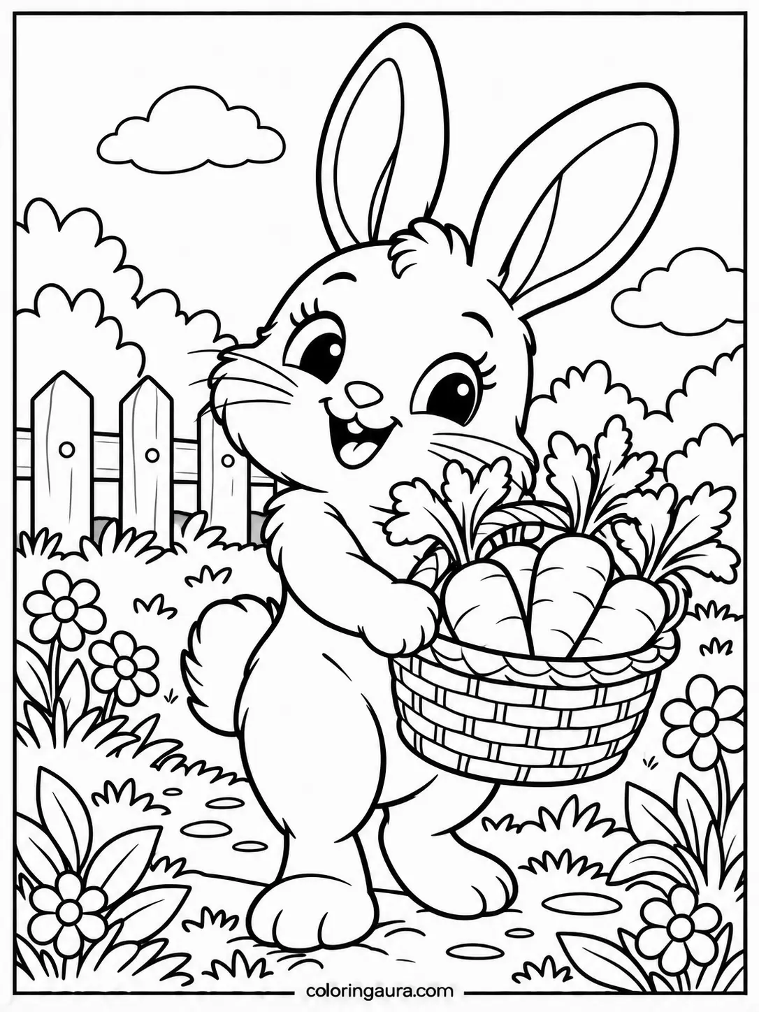 Cute Bunny with Carrot Basket Coloring Page