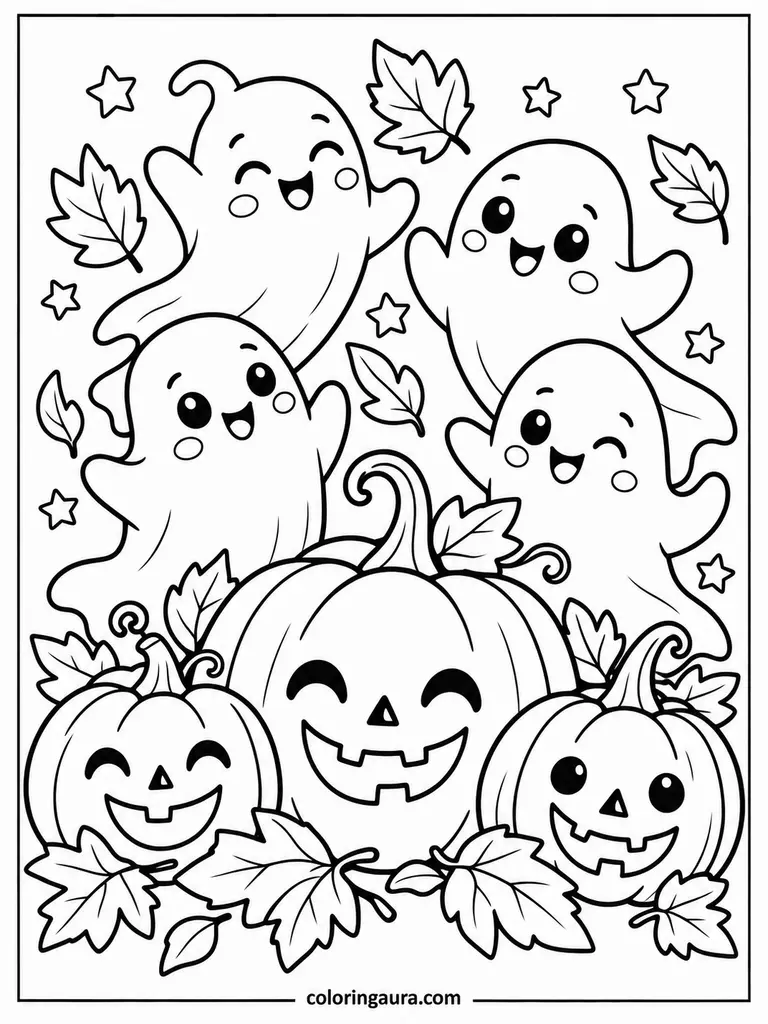 Cute Ghosts and Pumpkins October Coloring Page