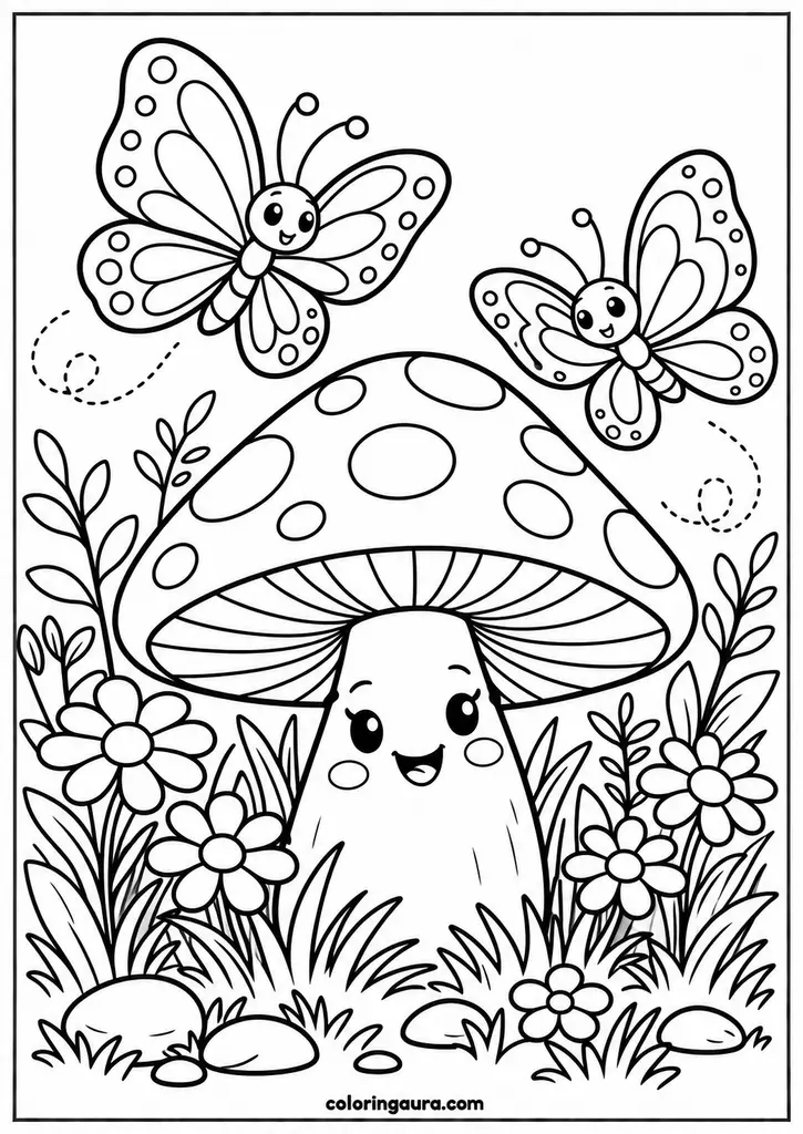 Cute Mushroom with Butterflies Coloring Page