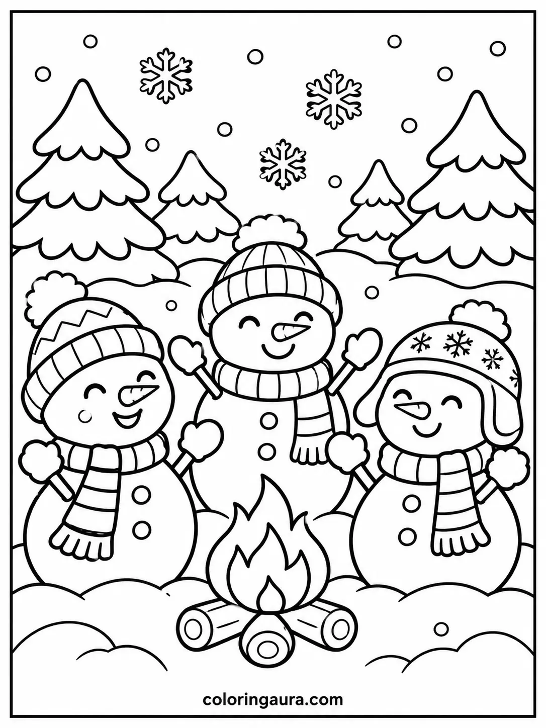 Cute Snowmen Around a Campfire Coloring Page