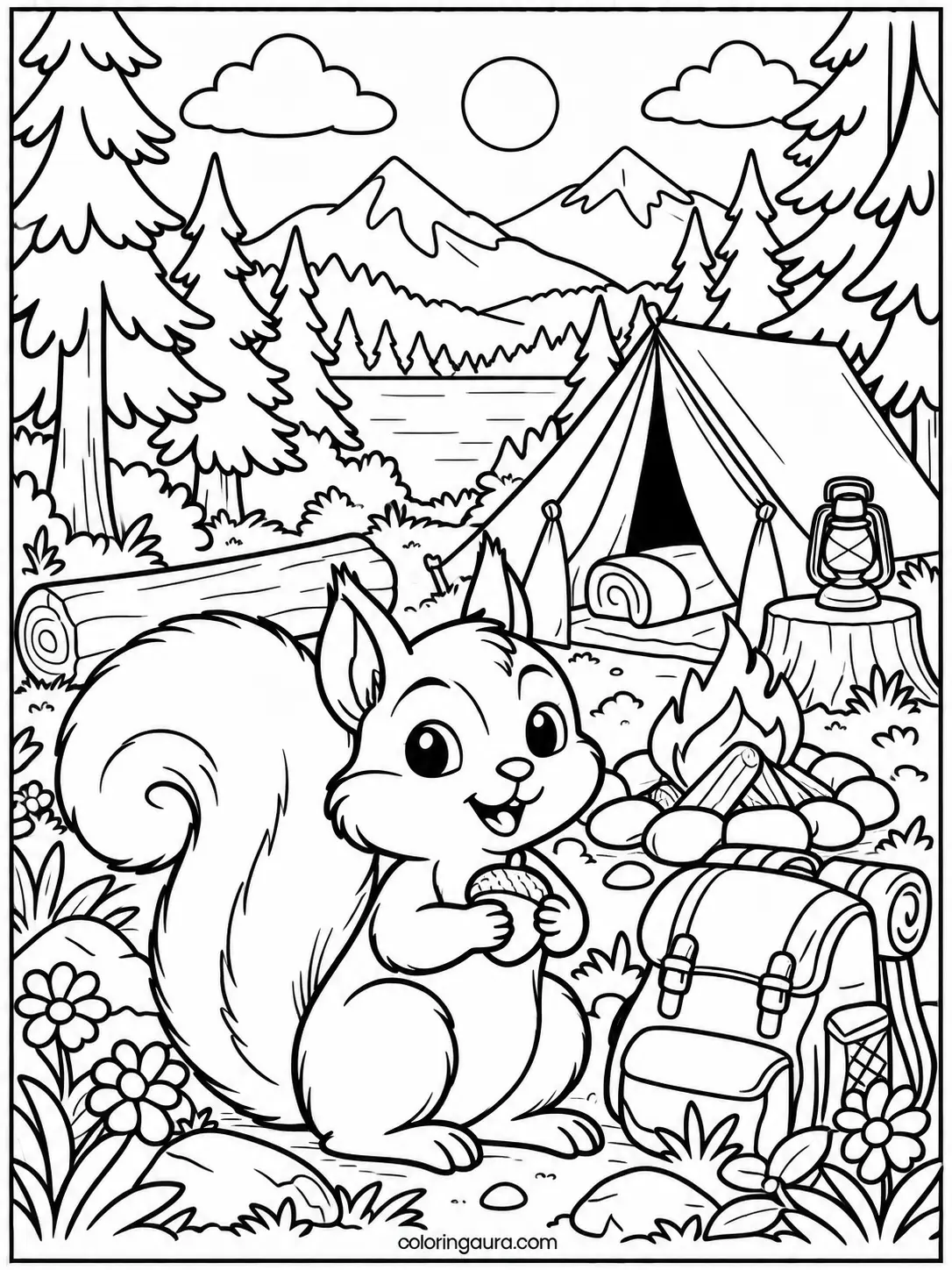 Cute Squirrel Camping Coloring Page