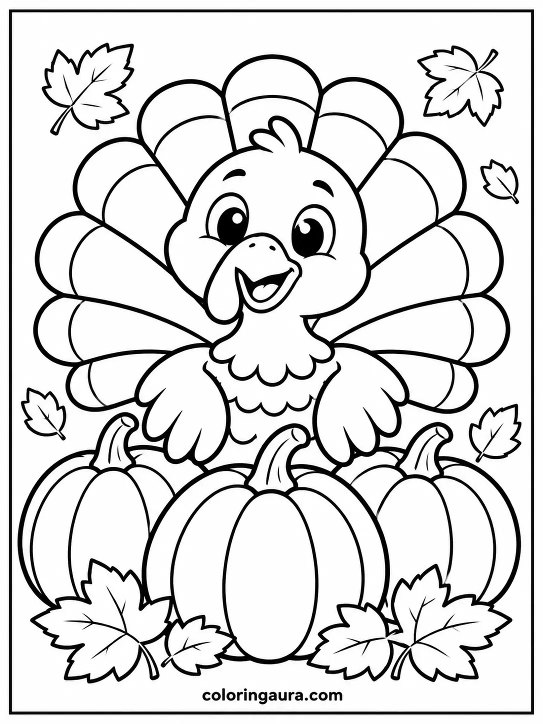 Cute Turkey and Pumpkins Coloring Page