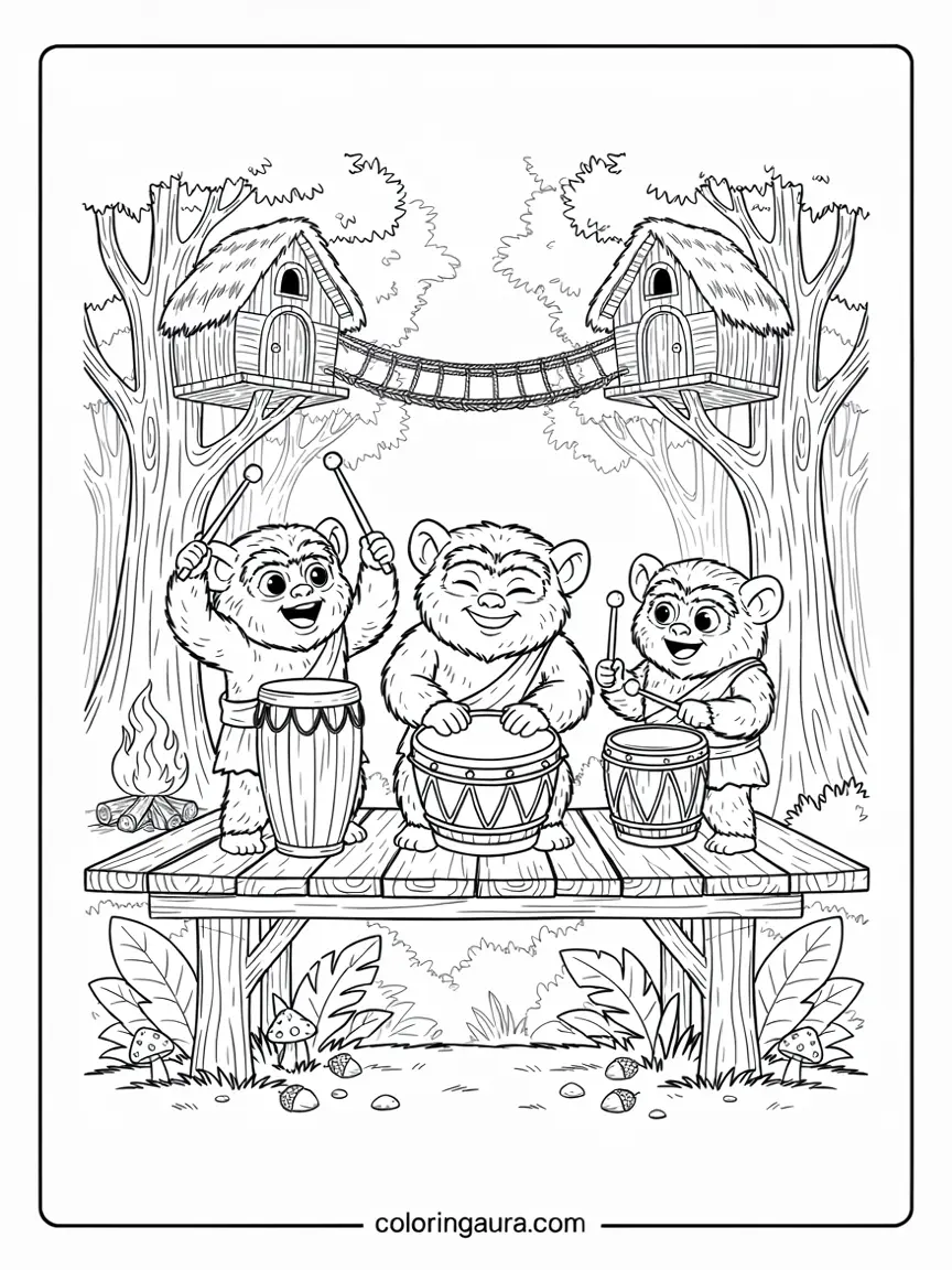 Ewoks Drumming Forest Coloring Page