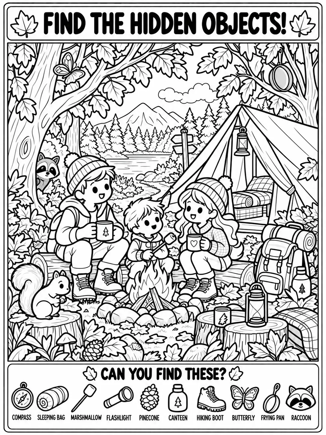 Fall Camping Hidden Objects Coloring Page