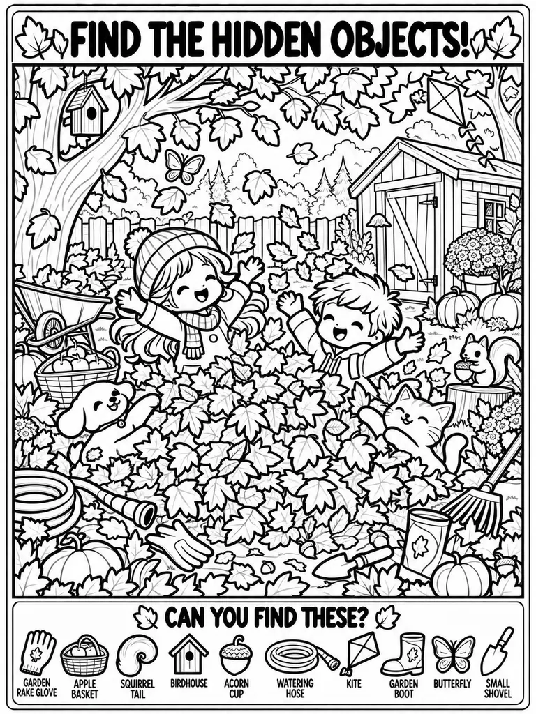Fall Leaf Pile Hidden Objects Coloring Page