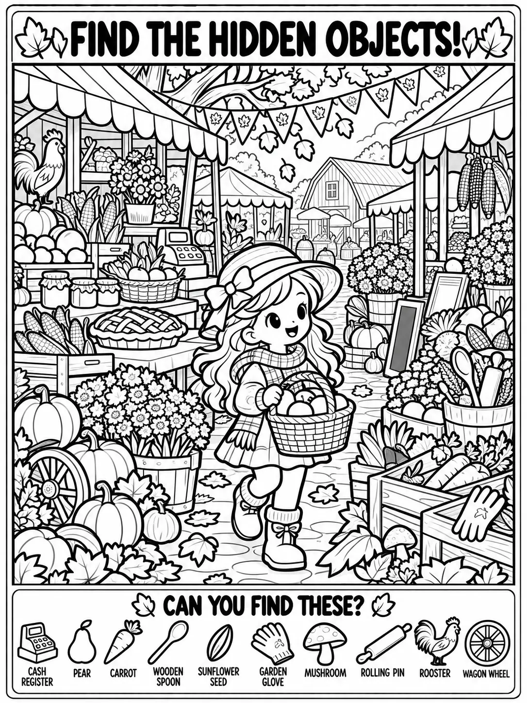Fall Leaf Pile Hidden Objects Coloring Page