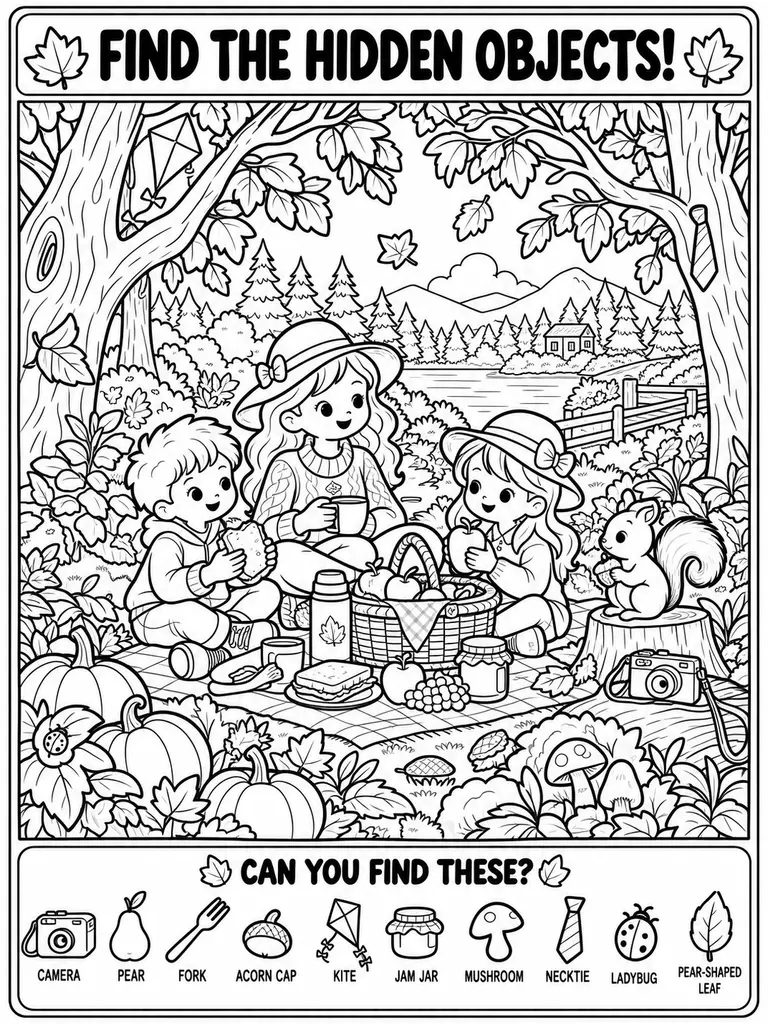 Fall Picnic Seek and Find Coloring Page