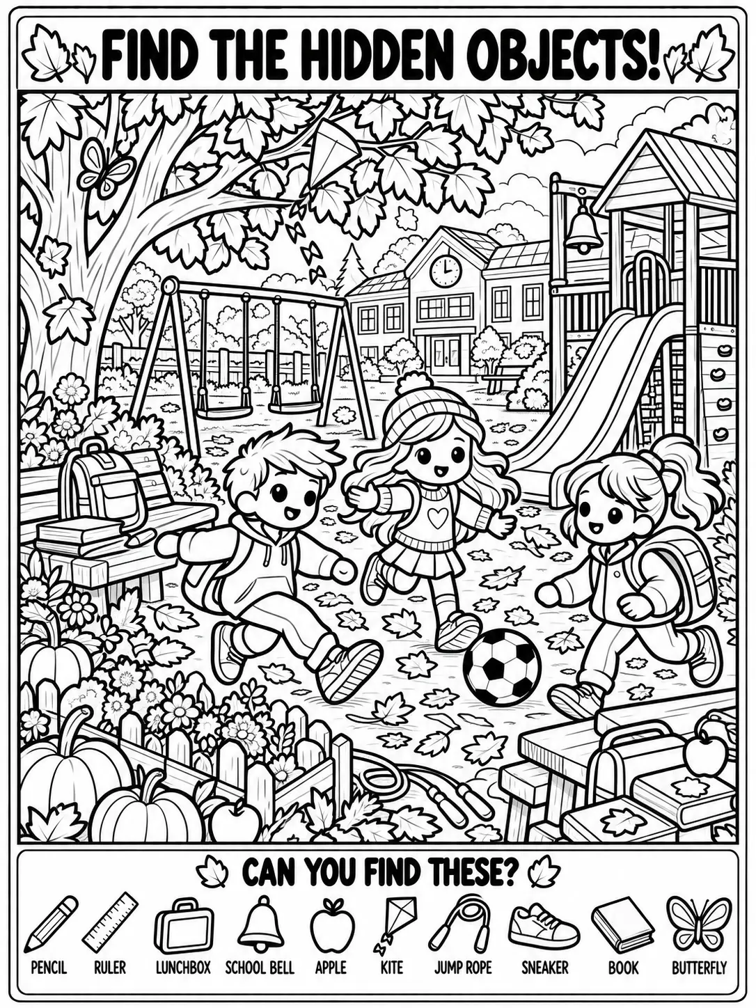 Fall Schoolyard Hidden Objects Coloring Page