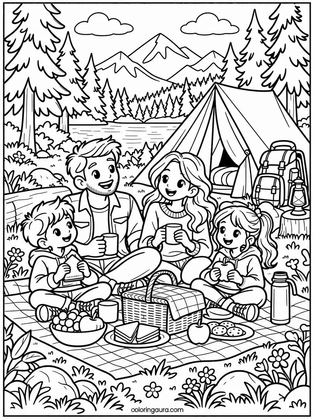  Family Camping Picnic Coloring Page