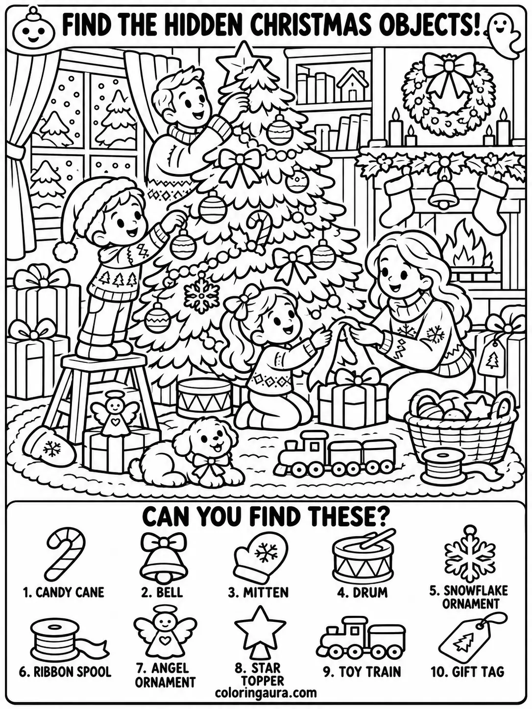 Family Christmas Tree Decorating Coloring Page