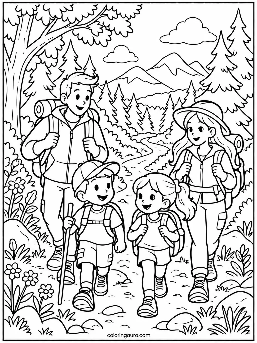 Family Hiking Forest Coloring Page