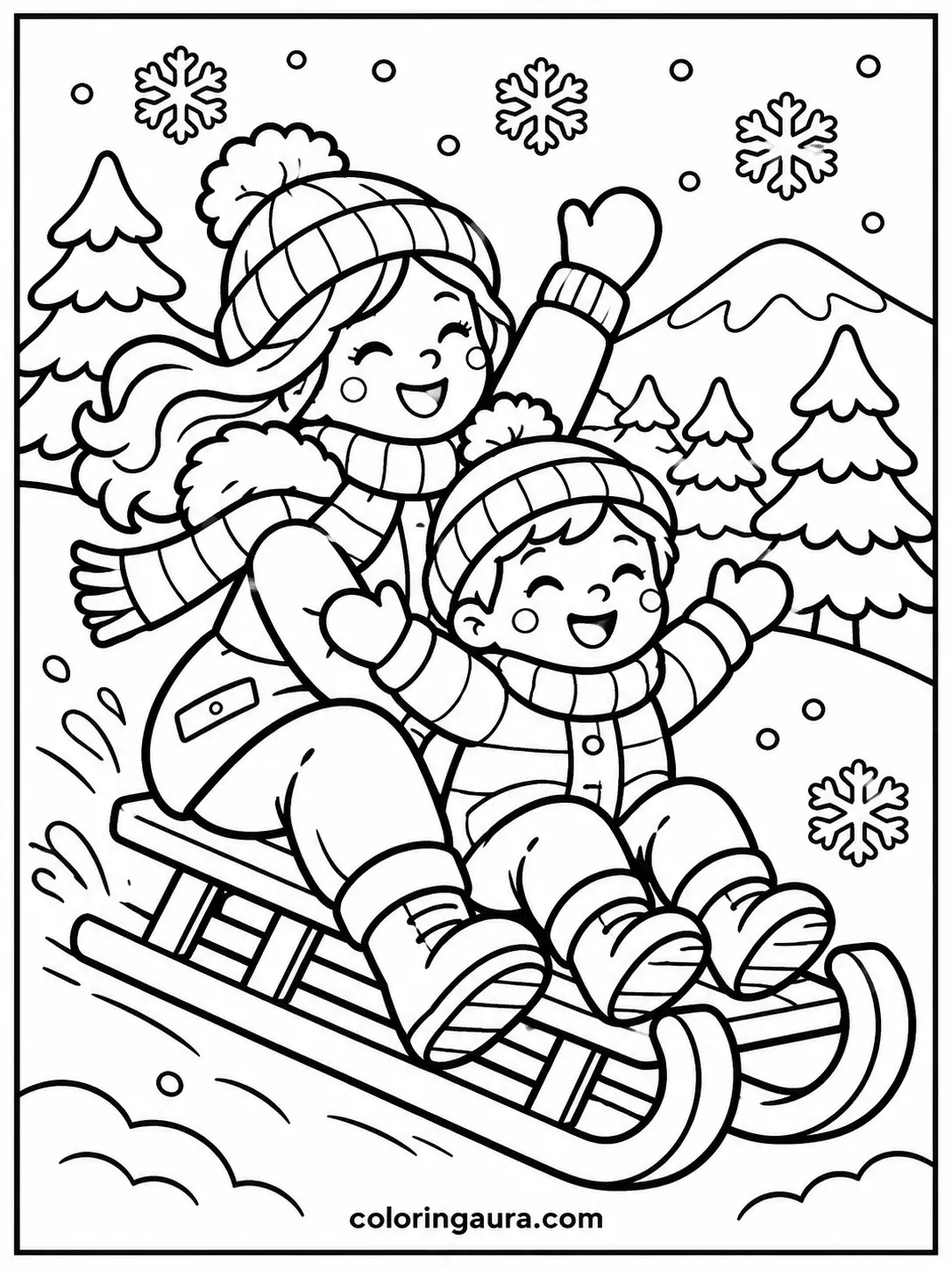 Family Sledding Adventure Coloring Page