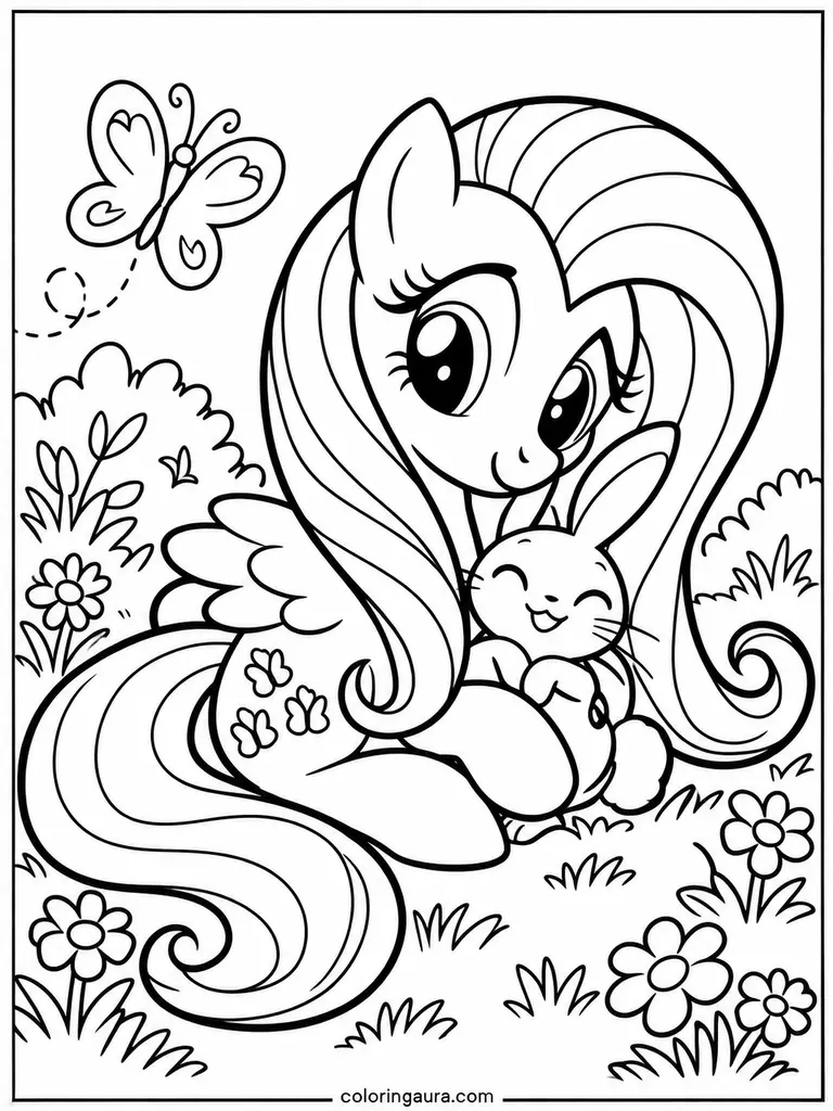 Fluttershy and Bunny Coloring Page