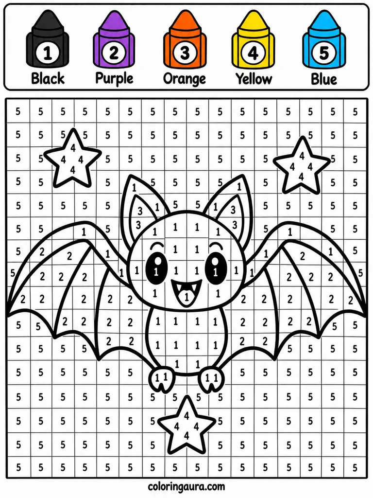 Flying Bat Color by Number Worksheet