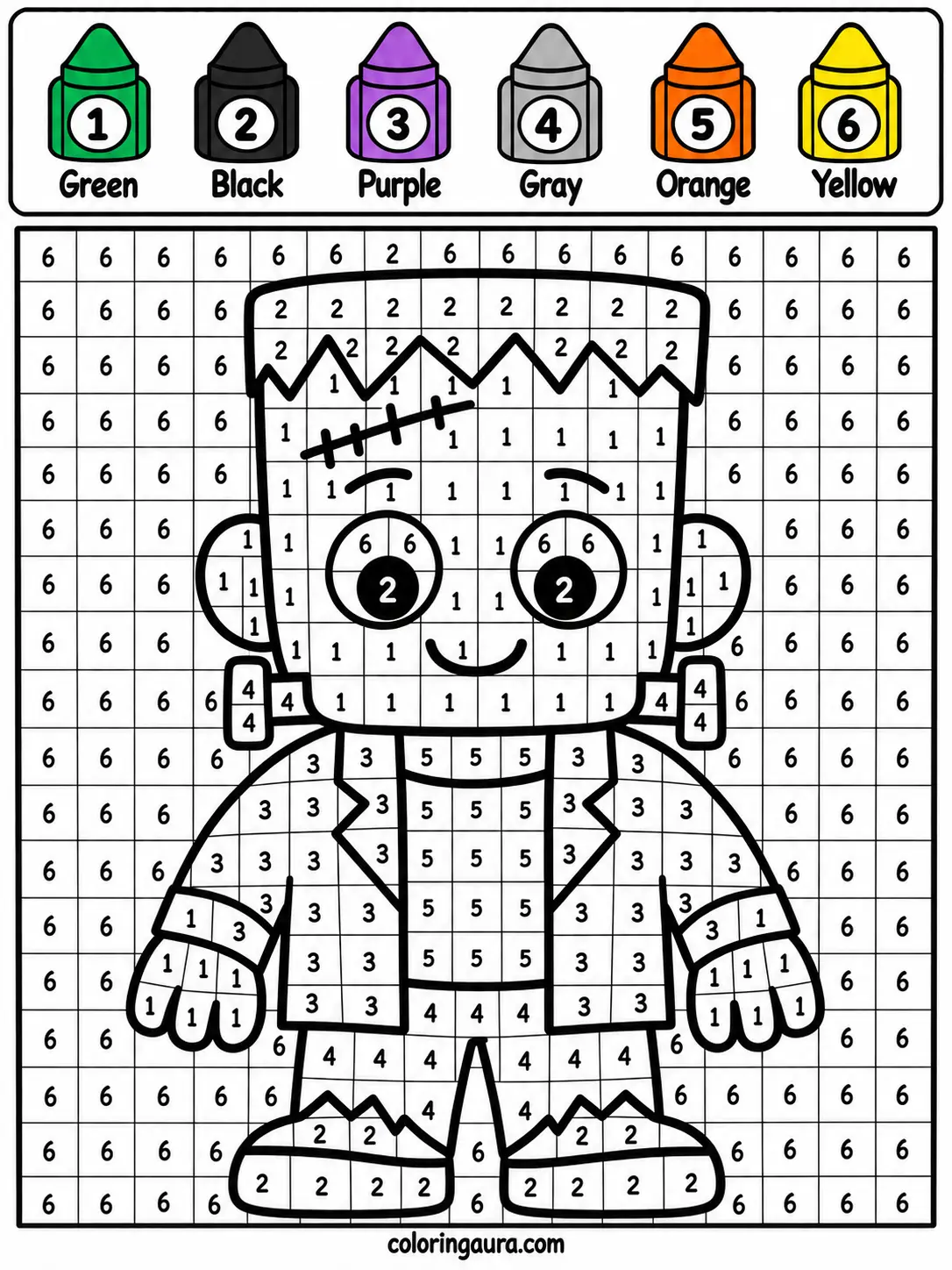Frankenstein Monster Color by Number Worksheet