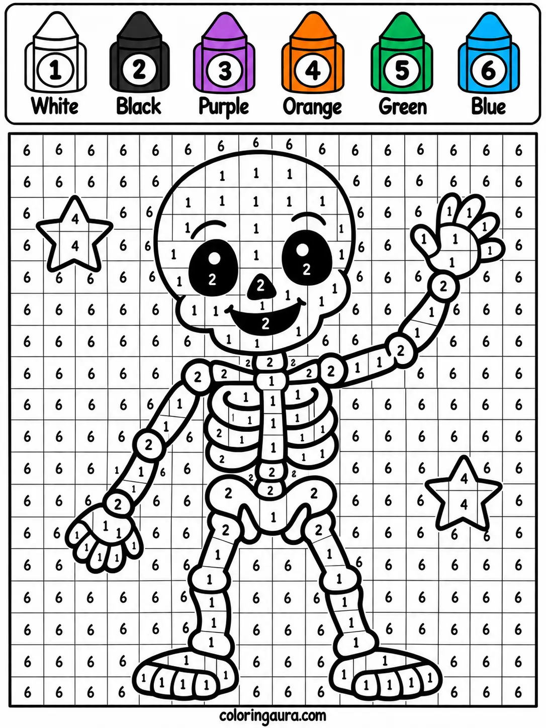 Friendly Skeleton Color by Number Worksheet