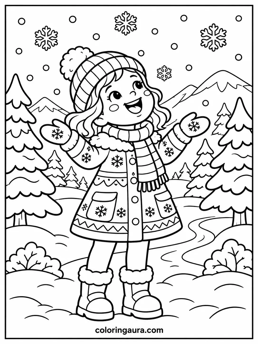 Girl Playing in the Snow Coloring Page