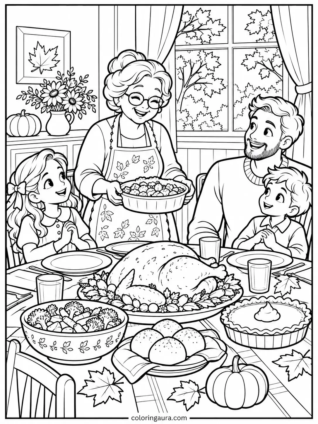 Grandma Serving Thanksgiving Dinner Coloring Page