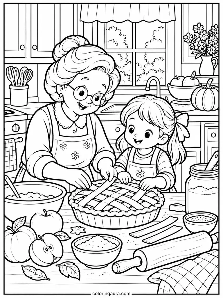 Grandma and Grandchild Baking a Pie Coloring Page