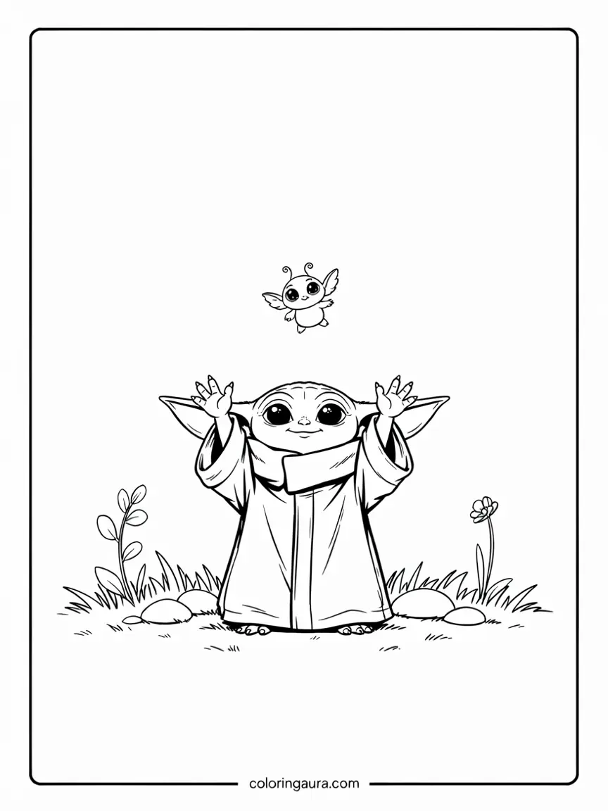 Grogu and Space Creature Coloring Page
