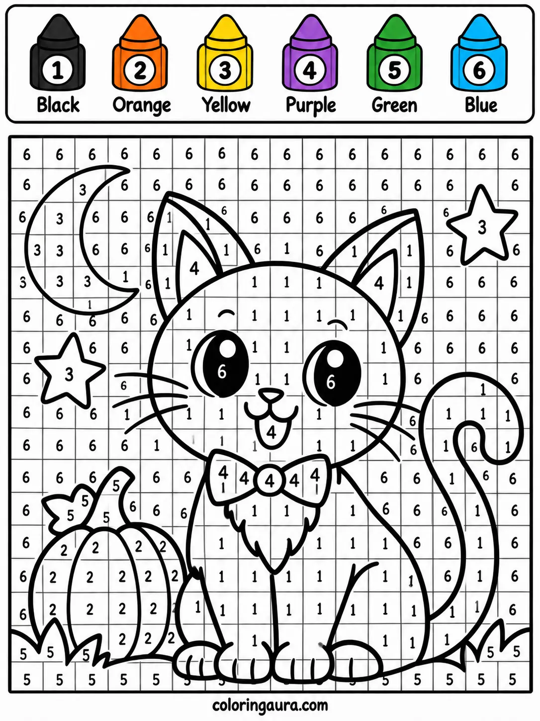 Halloween Black Cat Color by Number Worksheet