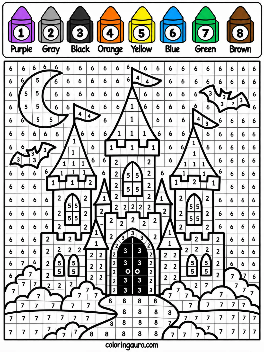 Halloween Castle Color by Number Worksheet