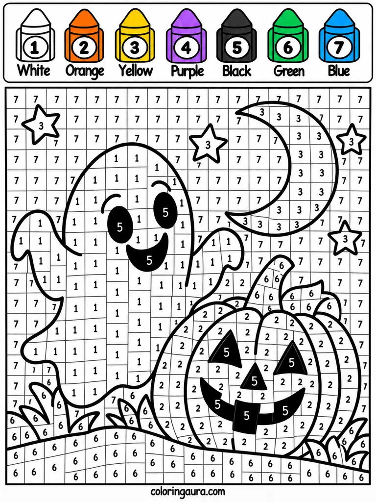 Halloween Ghost Pumpkin and Moon Color by Number