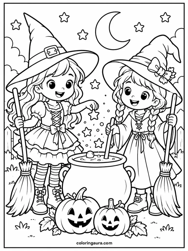 Halloween Witch Friends Coloring Page