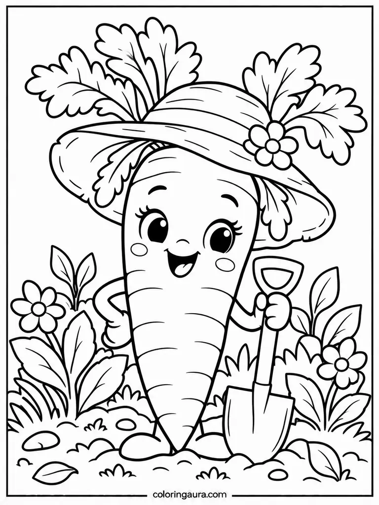 Happy Carrot Wearing a Garden Hat Coloring Page