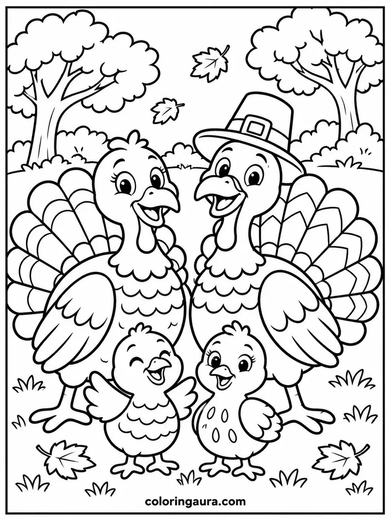 Happy Turkey Family Coloring Page