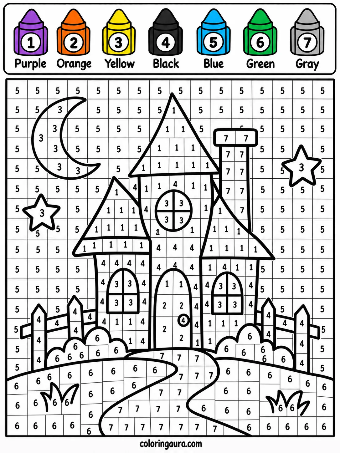 Haunted House Color by Number Worksheet