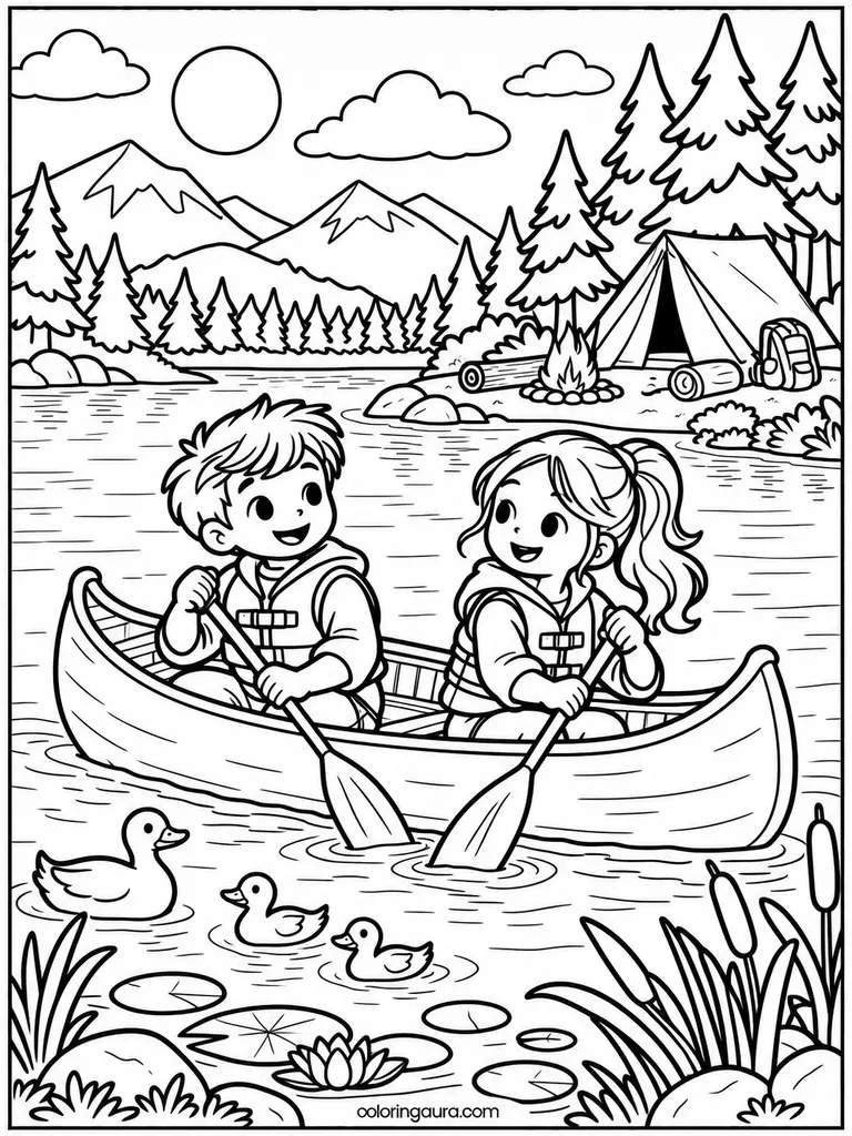 Kids Canoe Camping Coloring Page