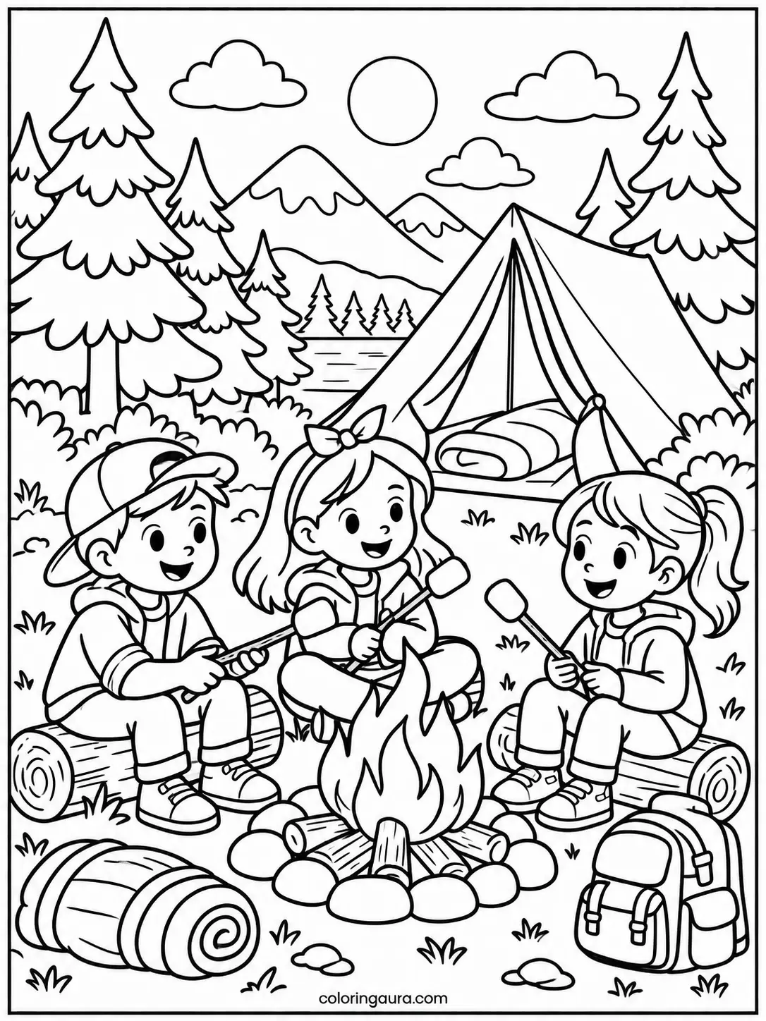 Kids Roasting Marshmallows Coloring Page