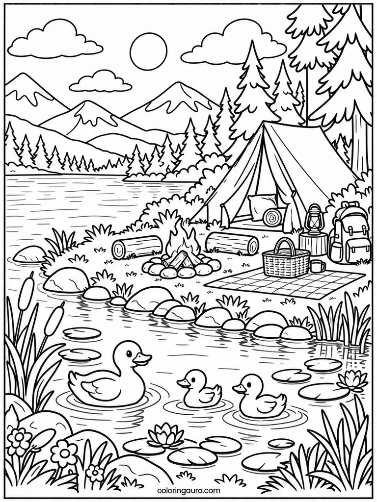 Lakeside Camping Coloring Page