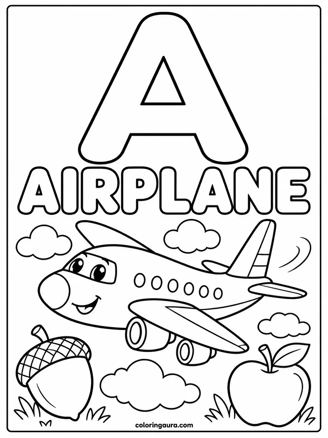 Letter A Airplane and Apple Coloring Page