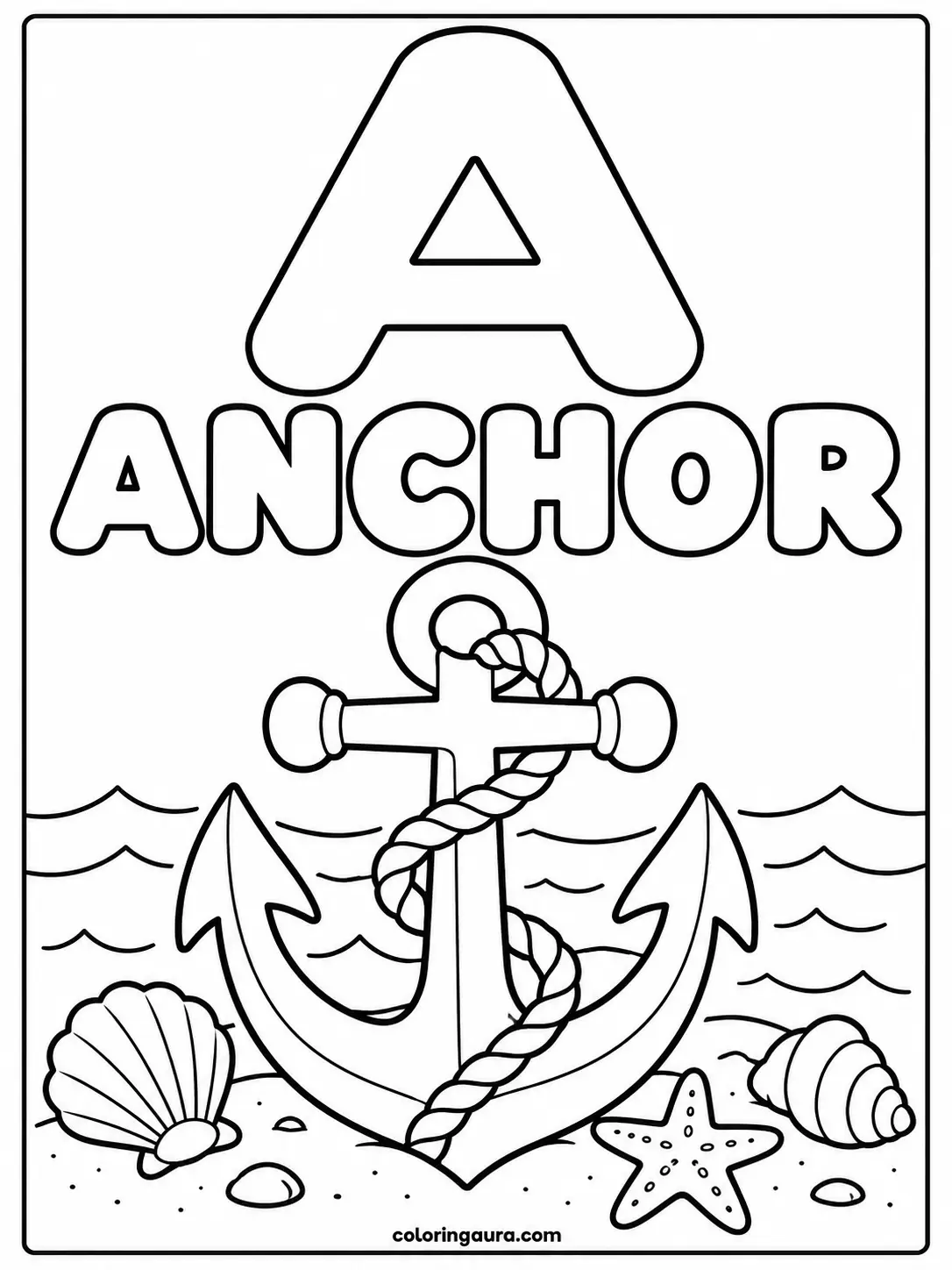 Letter A Anchor and Seashells Coloring Page