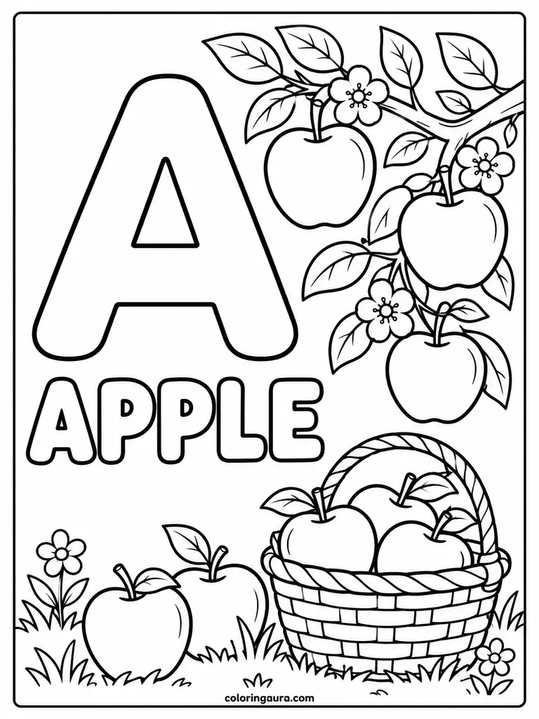 Letter A Apple Orchard Coloring Page