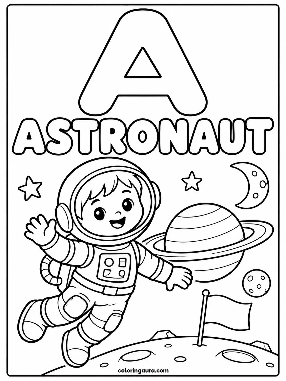 Letter A Astronaut Space Coloring Page