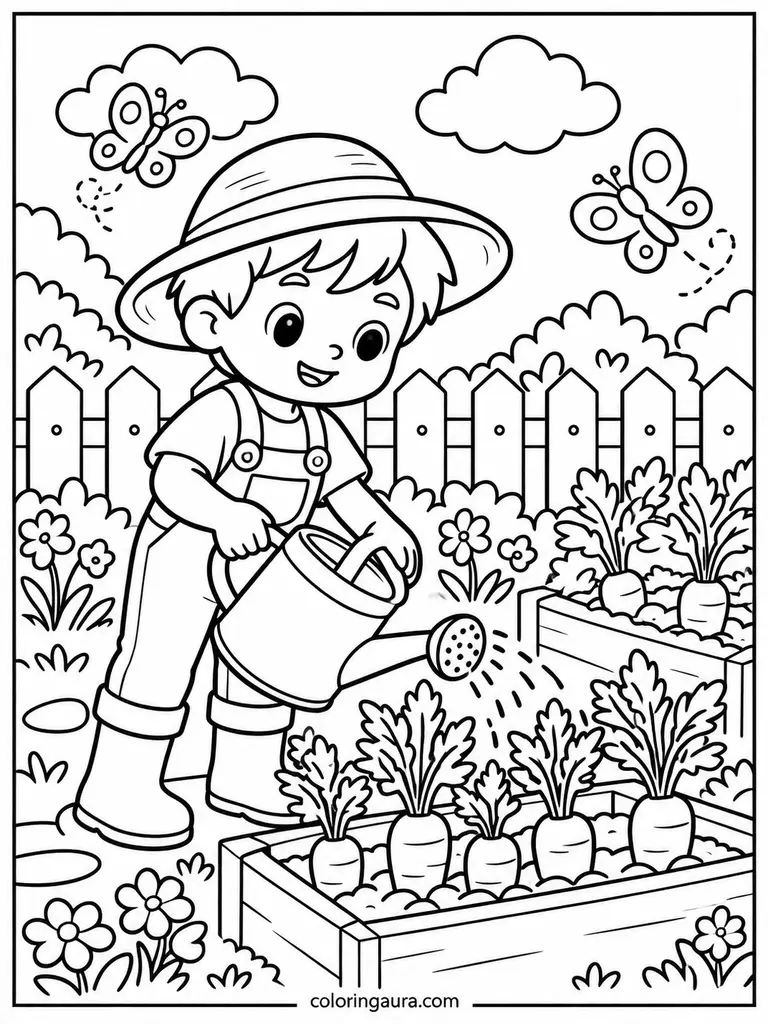 Little Gardener Watering Carrots Coloring Page