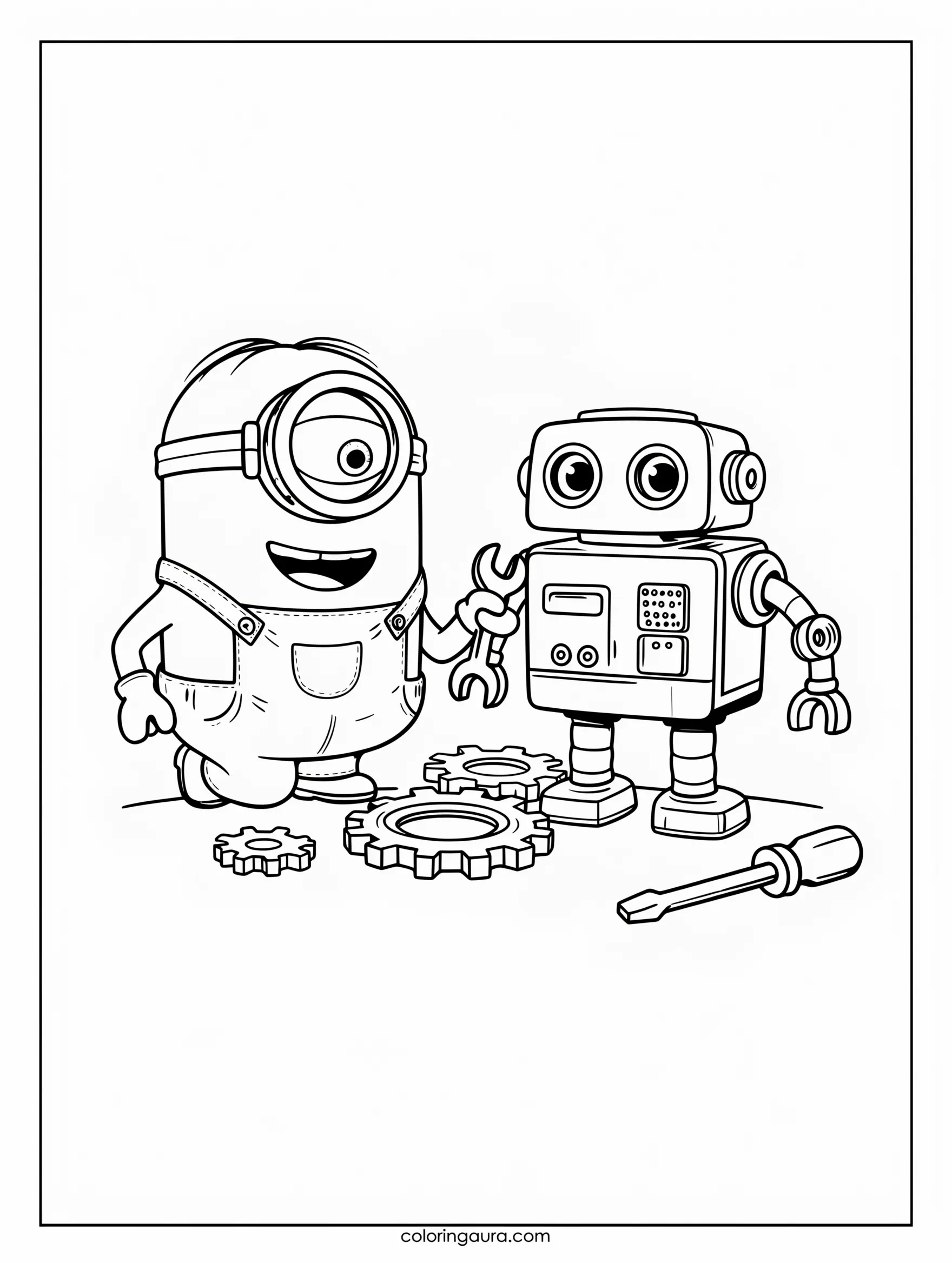 Minion Building a Toy Robot Coloring Page