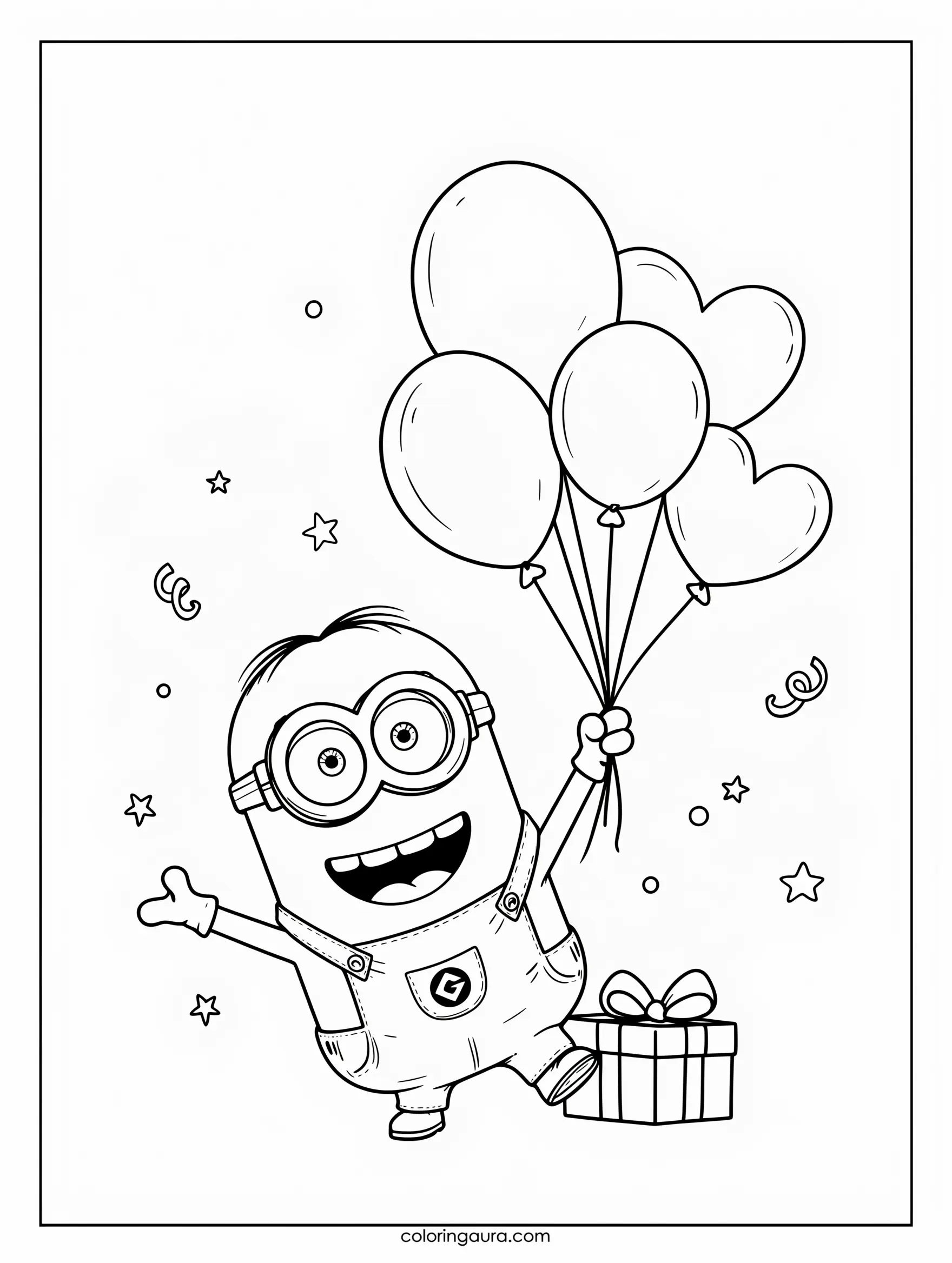 Minion Celebrating with Balloons Coloring Page